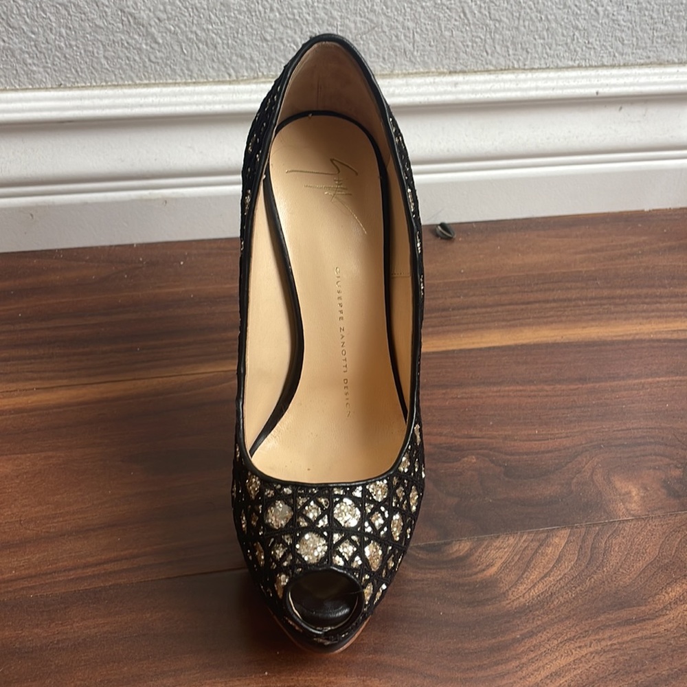 Giuseppe Zanotti Black Sharon Glitter And Lace Peep Toe Platform Pumps Size 37 - Picture 7 of 13